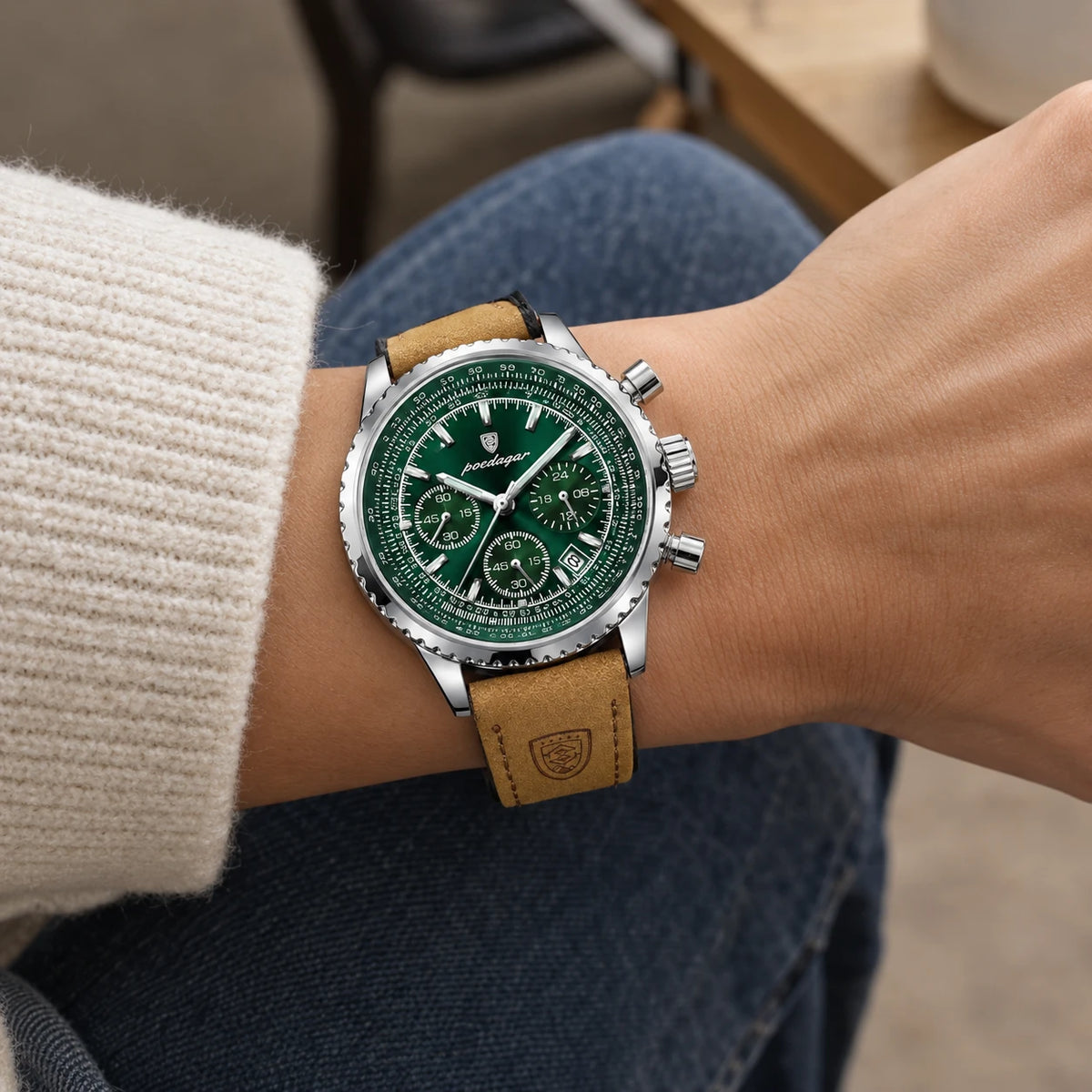 Montre Chronographe Homme Bracelet Cuir Cadran Vert - Utilisation du produit - classique