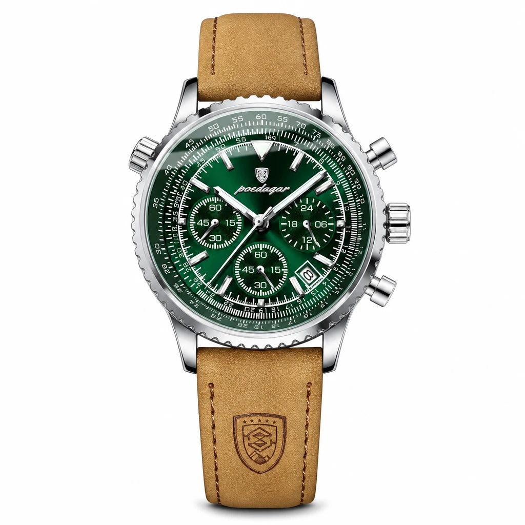 Montre Chronographe Homme Bracelet Cuir Cadran Vert - Vert et argenté