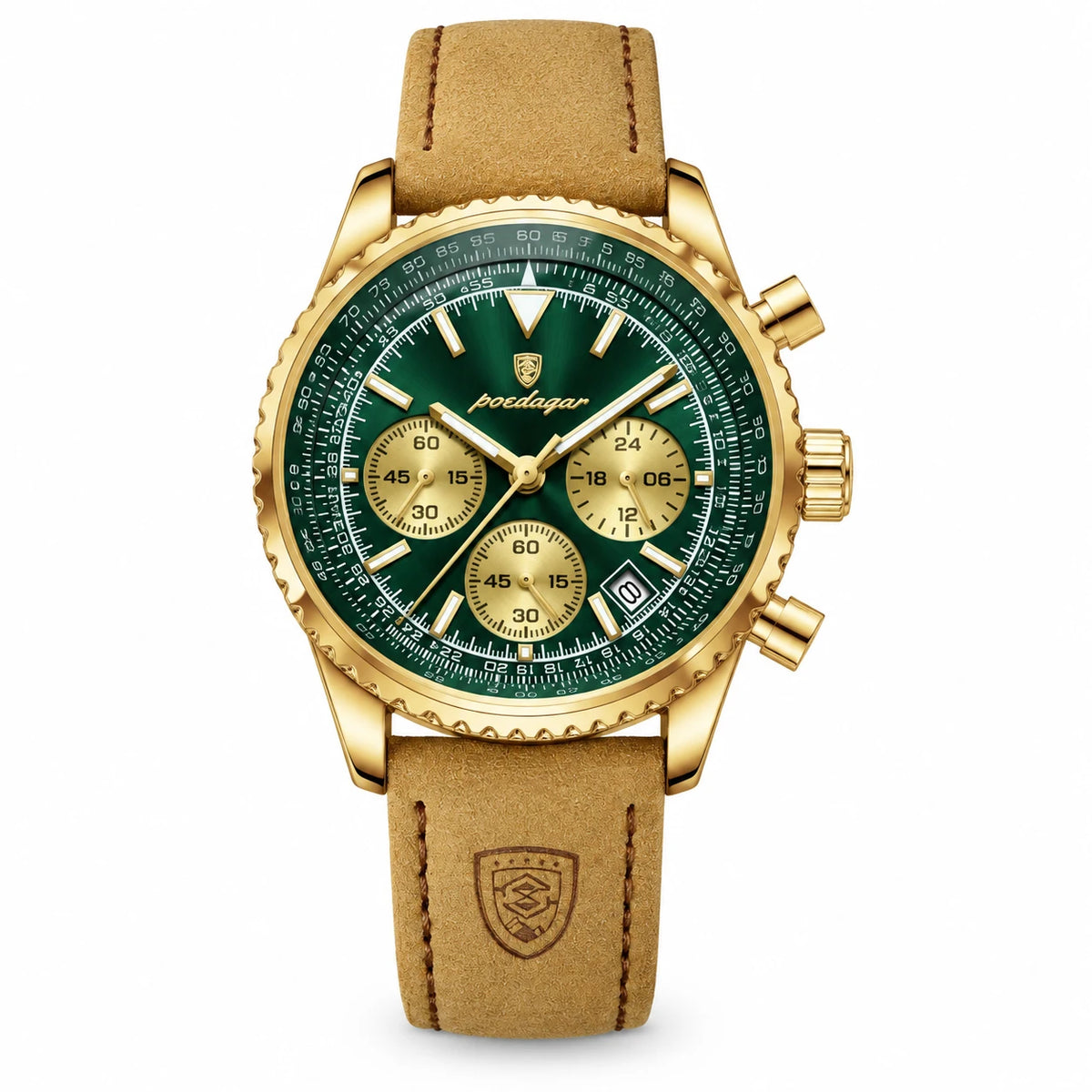 Montre Chronographe Homme Bracelet Cuir Cadran Vert - Vert et Or
