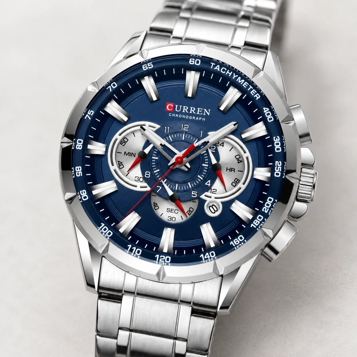 Montre Chronographe Homme Cadran Bleu et Bracelet Acier - Détail matière