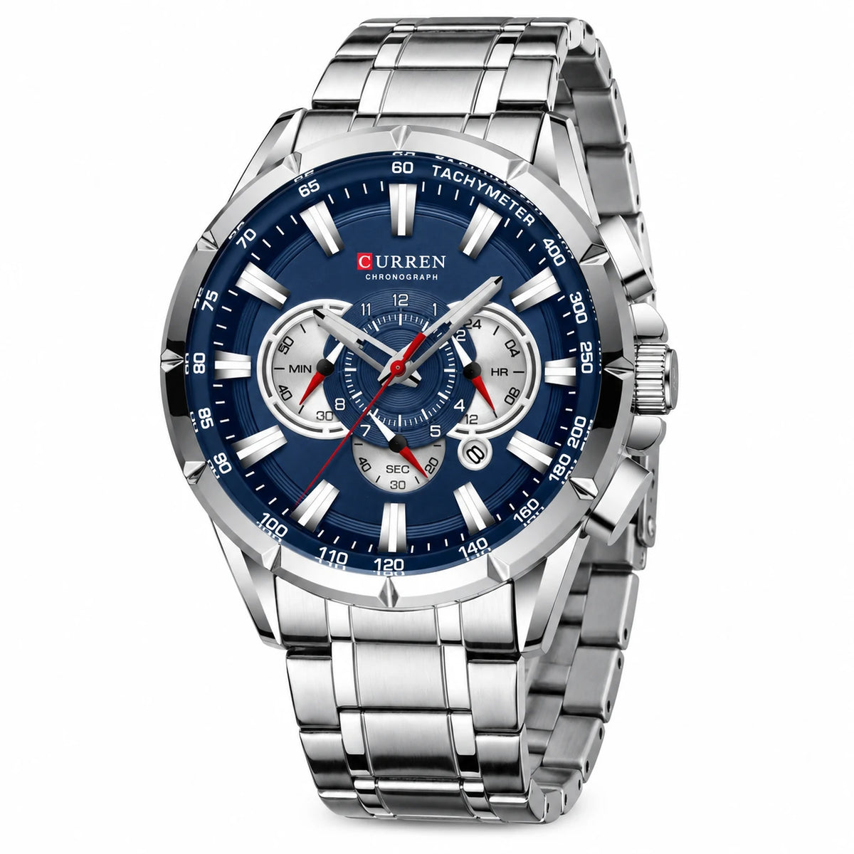 Montre Chronographe Homme Cadran Bleu et Bracelet Acier - Fond blanc, autre angle