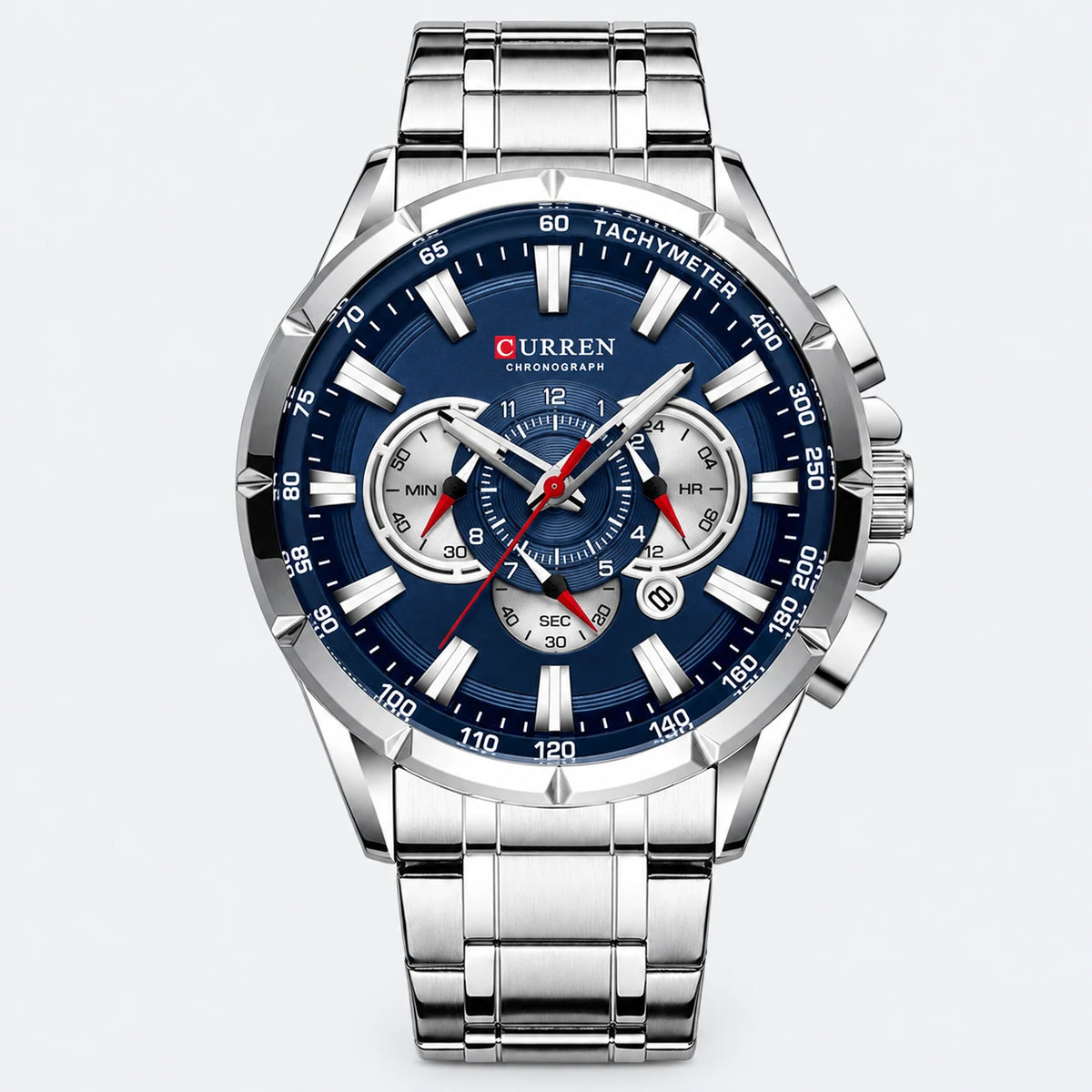 Montre Chronographe Homme Cadran Bleu et Bracelet Acier - Fond gris clair