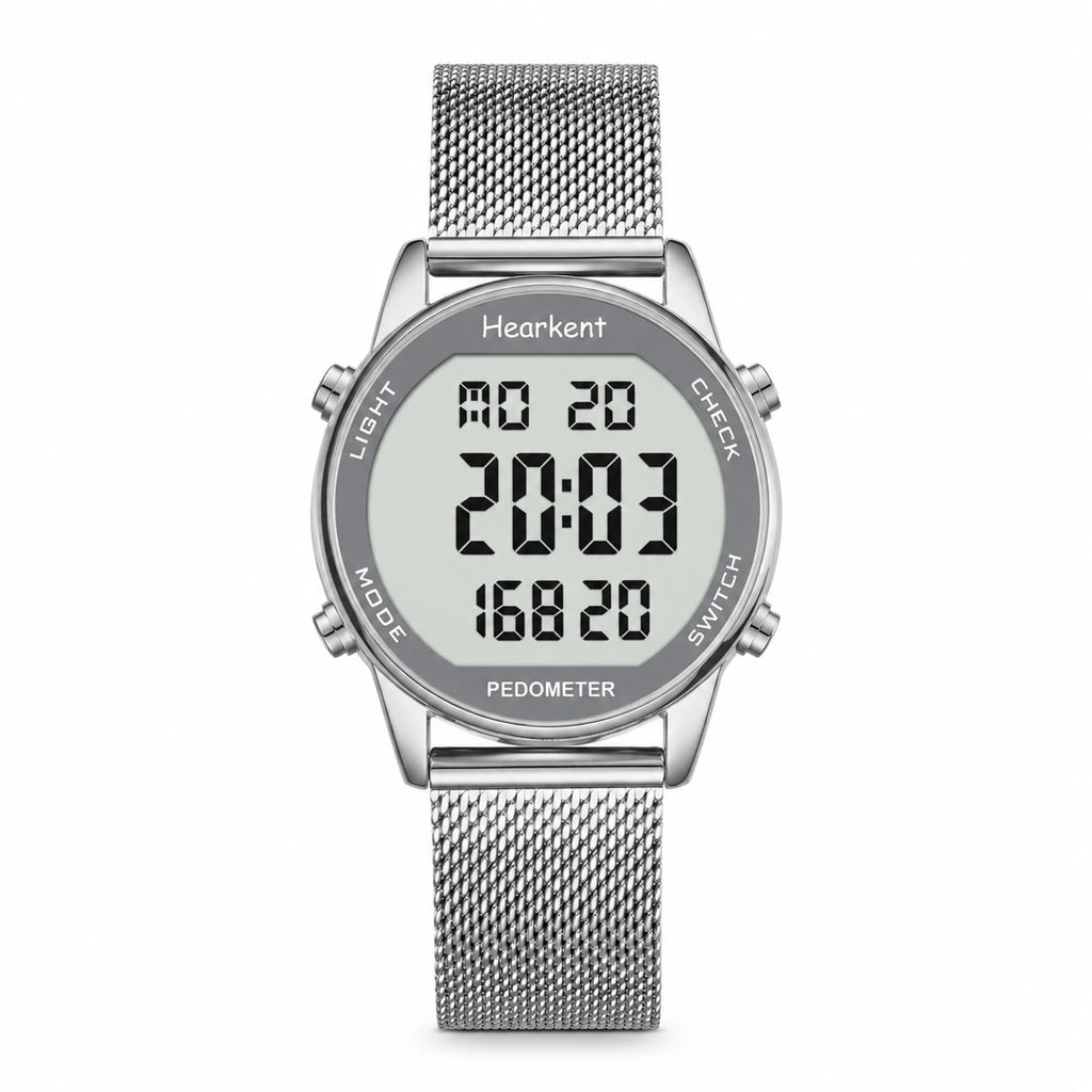 Montre Digitale Femme avec Podomètre et Bracelet Maille - Argent