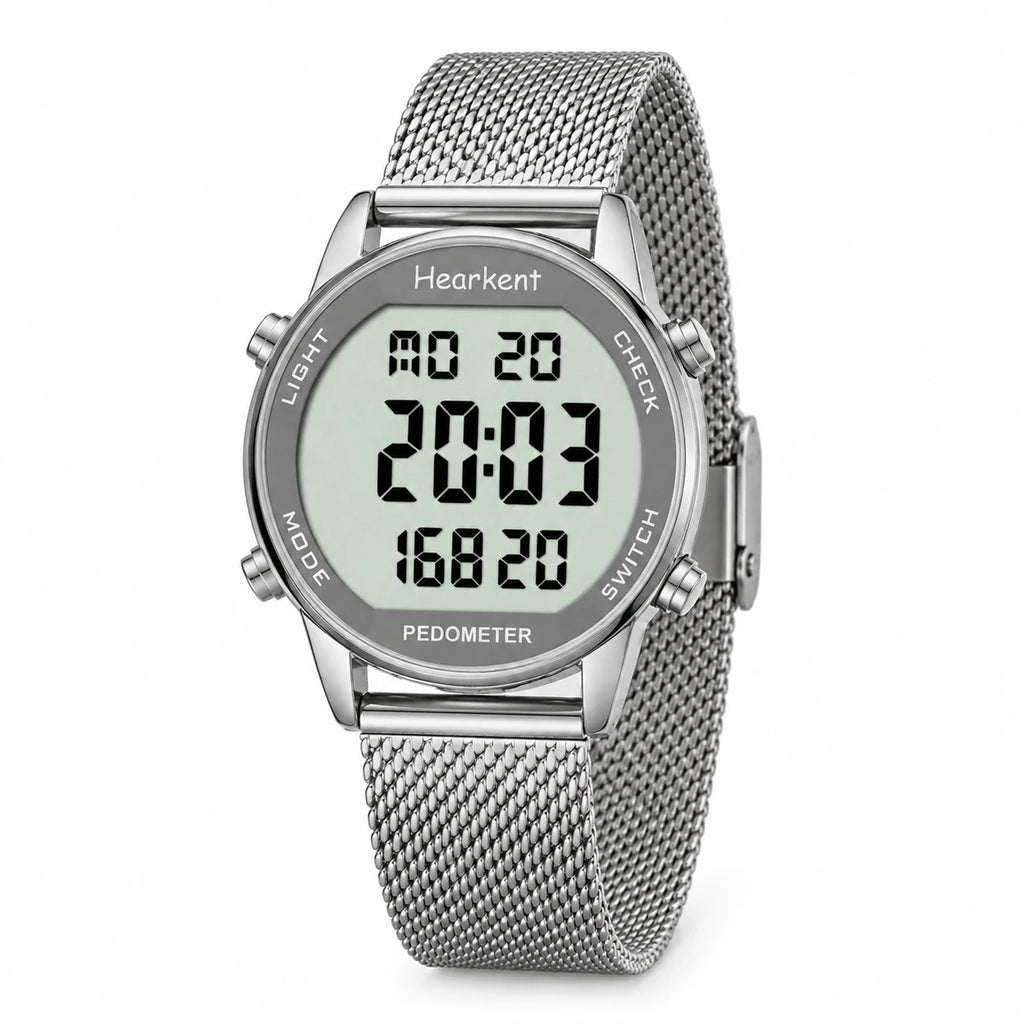 Montre Digitale Femme avec Podomètre et Bracelet Maille - Fond blanc, autre angle