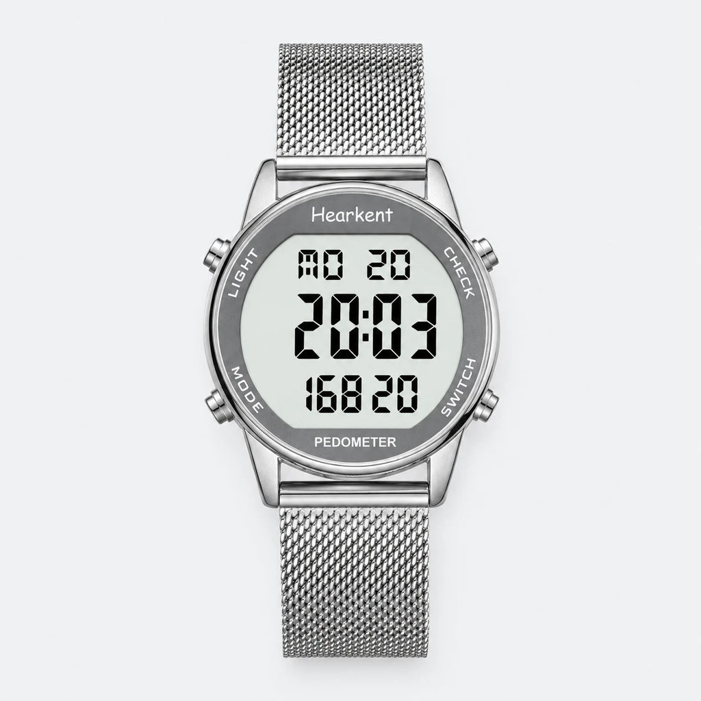 Montre Digitale Femme avec Podomètre et Bracelet Maille - Fond gris clair