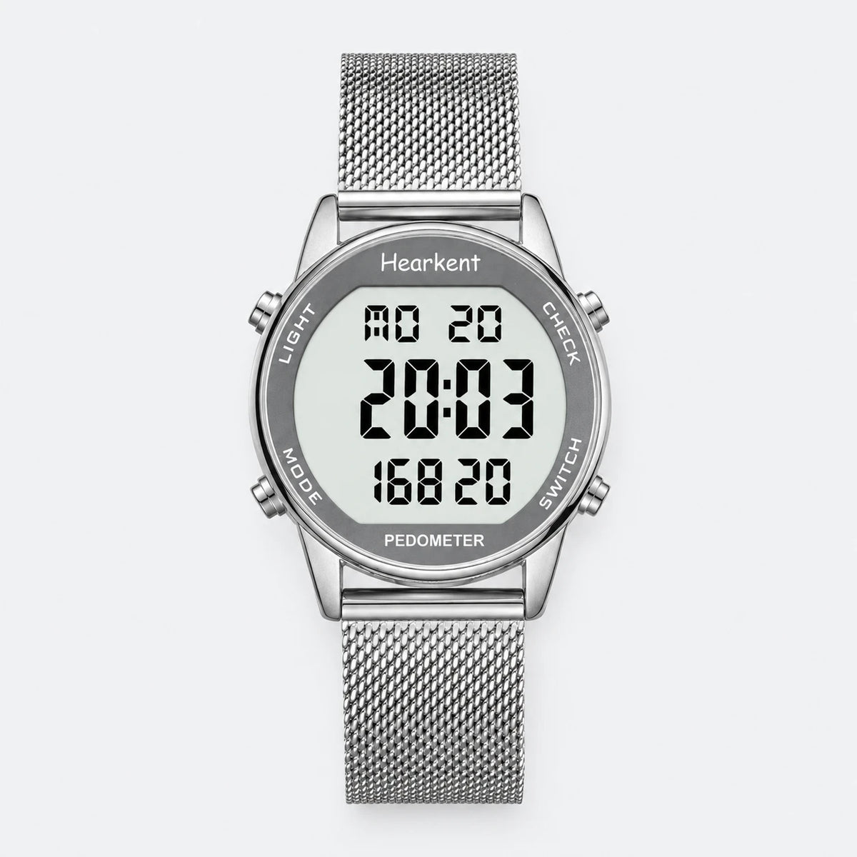 Montre Digitale Femme avec Podomètre et Bracelet Maille - Fond gris clair
