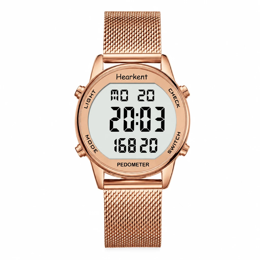 Montre Digitale Femme avec Podomètre et Bracelet Maille - Or rose