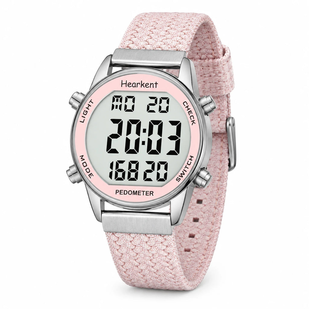 Montre Digitale Femme Sport avec Podomètre Rose - Fond blanc, autre angle