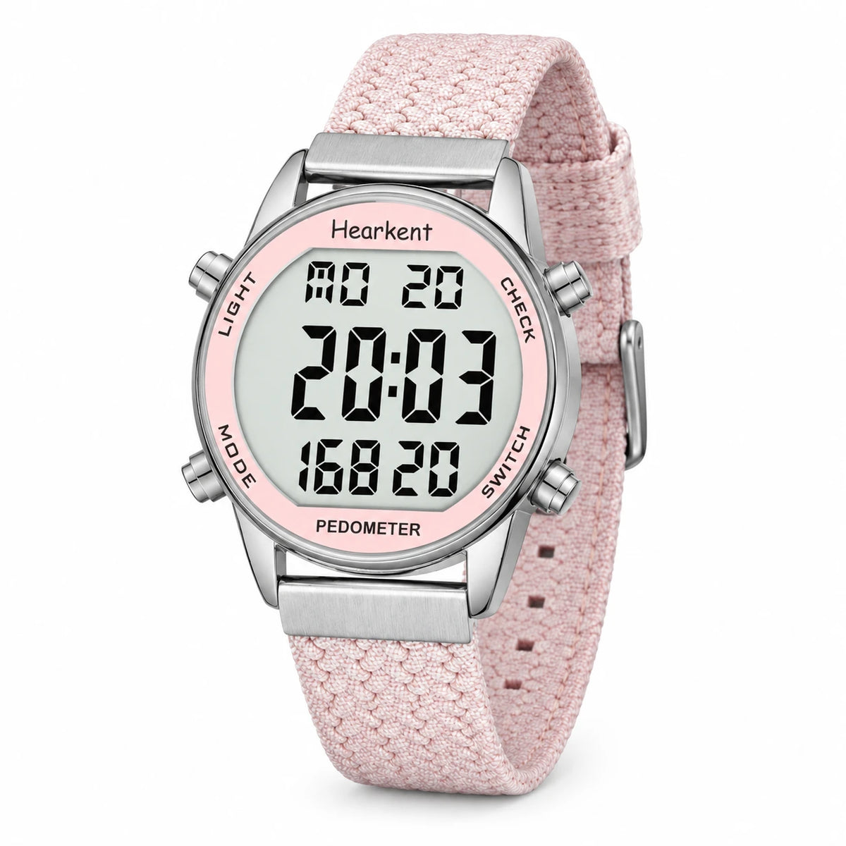 Montre Digitale Femme Sport avec Podomètre Rose - Fond blanc, autre angle