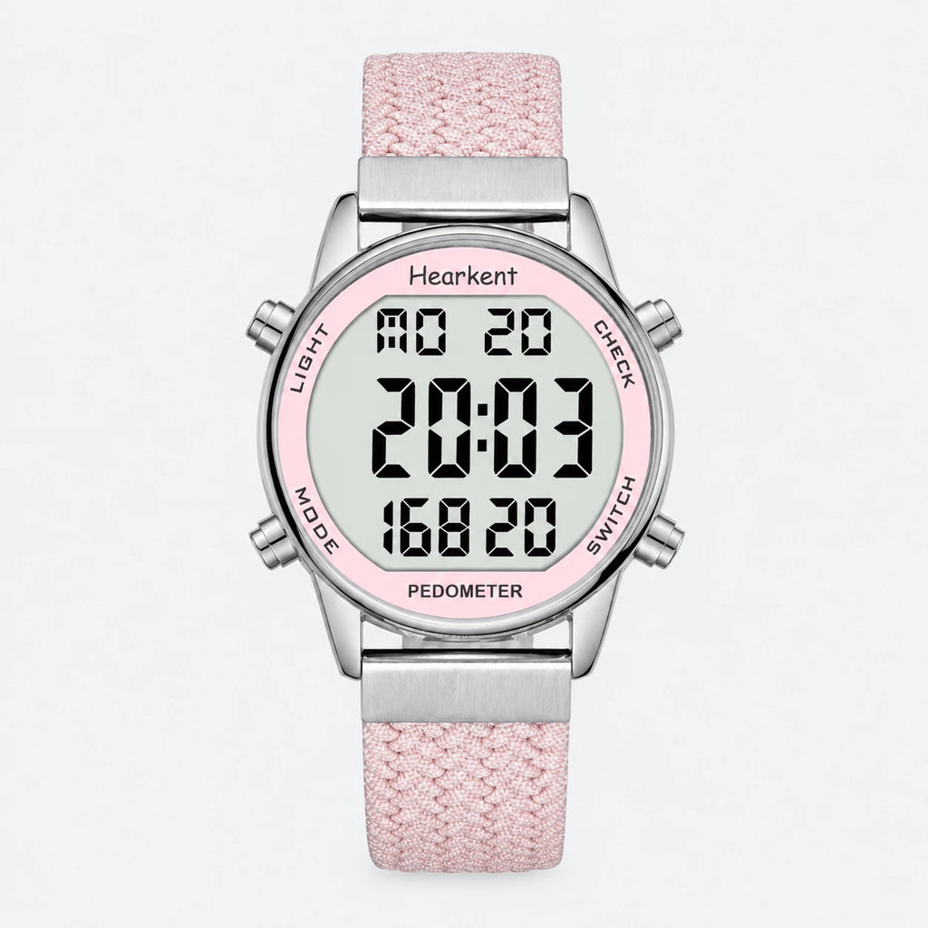 Montre Digitale Femme Sport avec Podomètre Rose - Fond gris clair