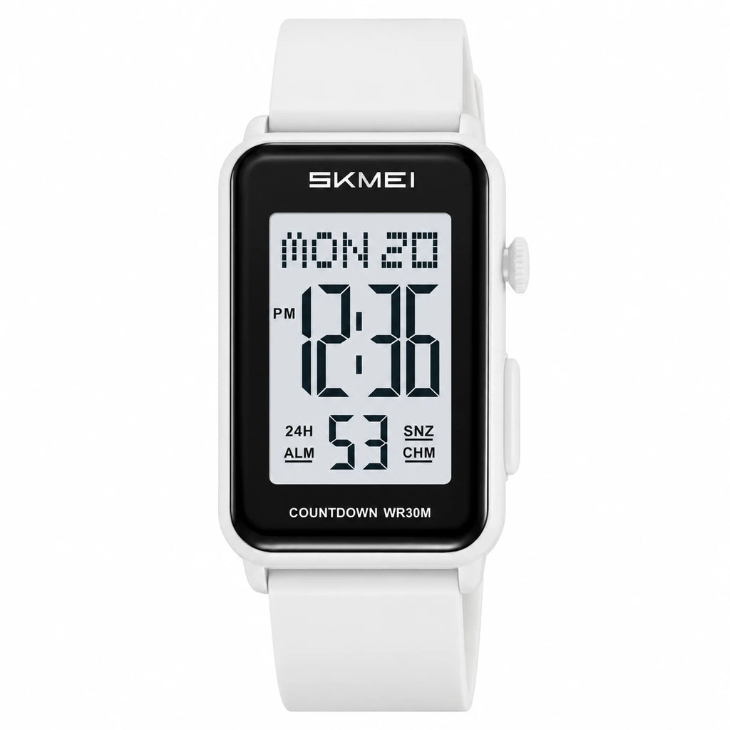 Montre Digitale Sport Rectangulaire à Alarme et Chronomètre - Blanc