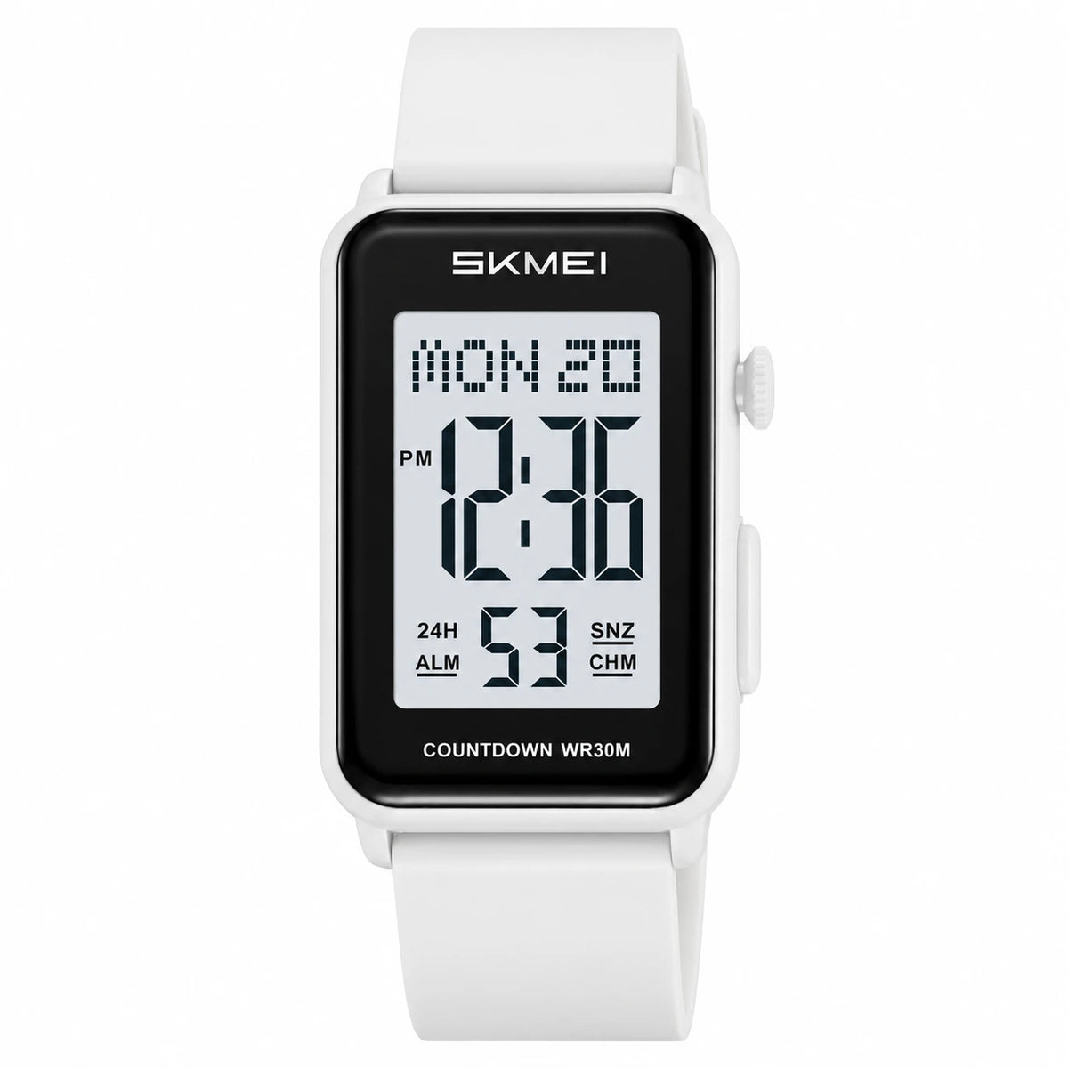 Montre Digitale Sport Rectangulaire à Alarme et Chronomètre - Blanc