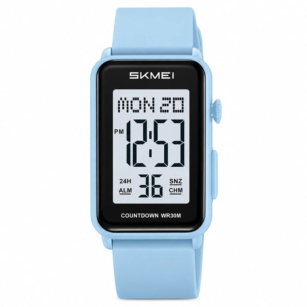 Montre Digitale Sport Rectangulaire à Alarme et Chronomètre - Bleu ciel