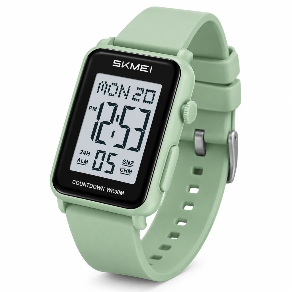 Montre Digitale Sport Rectangulaire à Alarme et Chronomètre - Fond blanc, autre angle