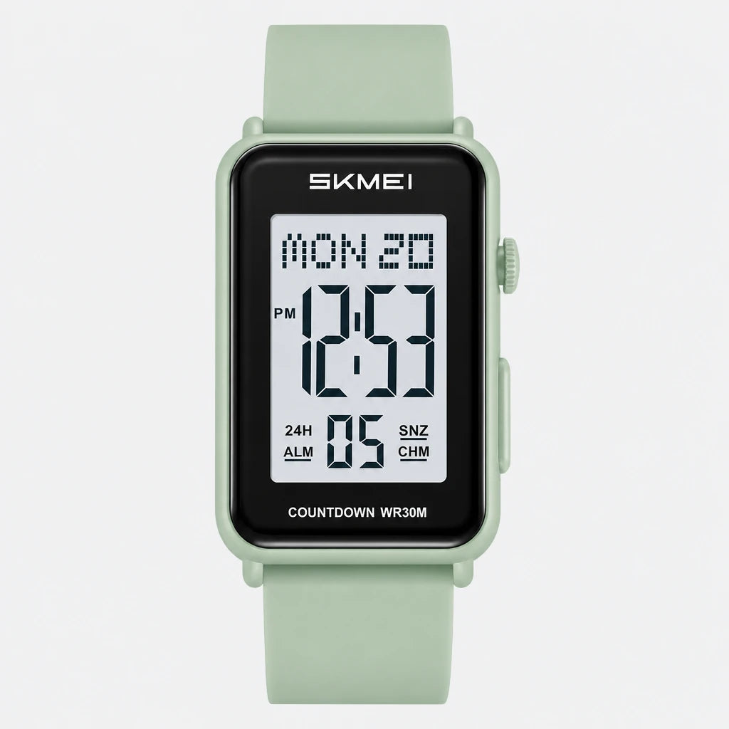 Montre Digitale Sport Rectangulaire à Alarme et Chronomètre - Fond gris clair