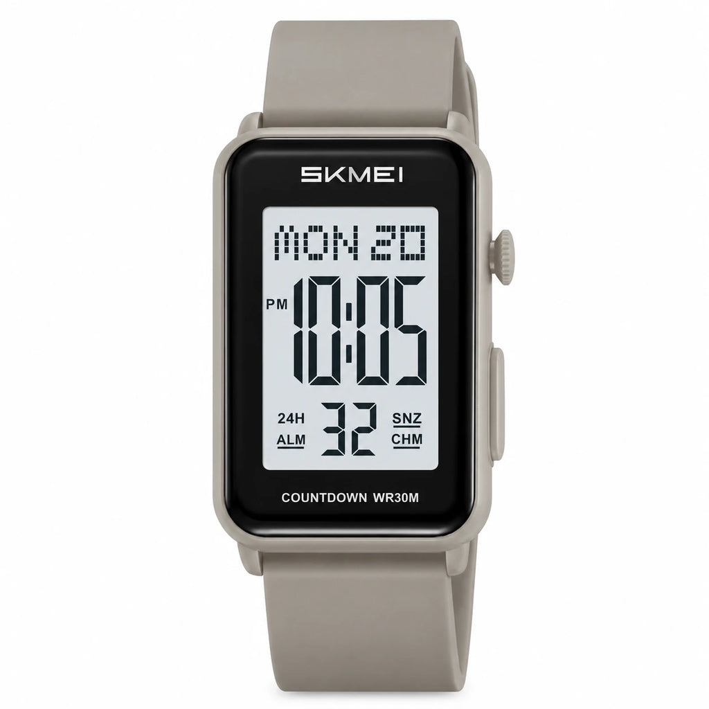Montre Digitale Sport Rectangulaire à Alarme et Chronomètre - Gris taupe