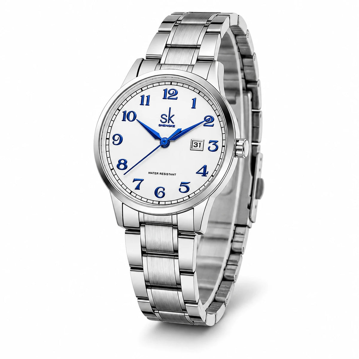 Montre Femme Acier Argenté Cadran Blanc Chiffres Bleus - Fond blanc, autre angle