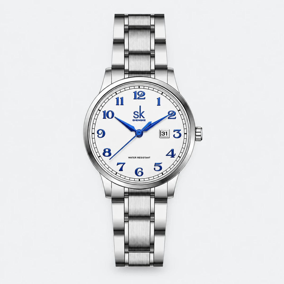 Montre Femme Acier Argenté Cadran Blanc Chiffres Bleus - Fond gris clair