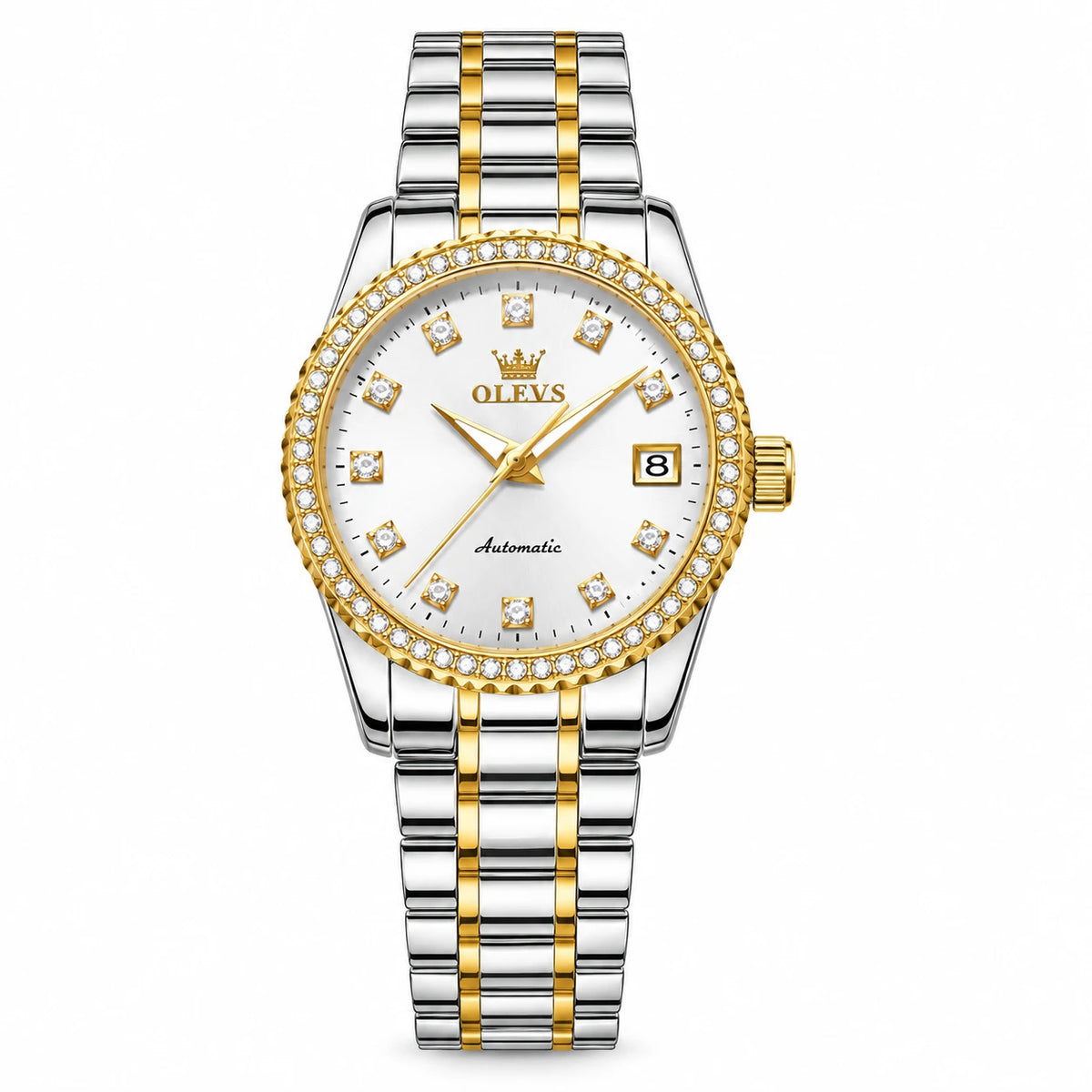 Montre Femme Automatique Bicolore Lunette Ornée - Cadran blanc