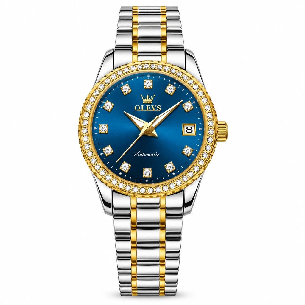 Montre Femme Automatique Bicolore Lunette Ornée - Cadran bleu