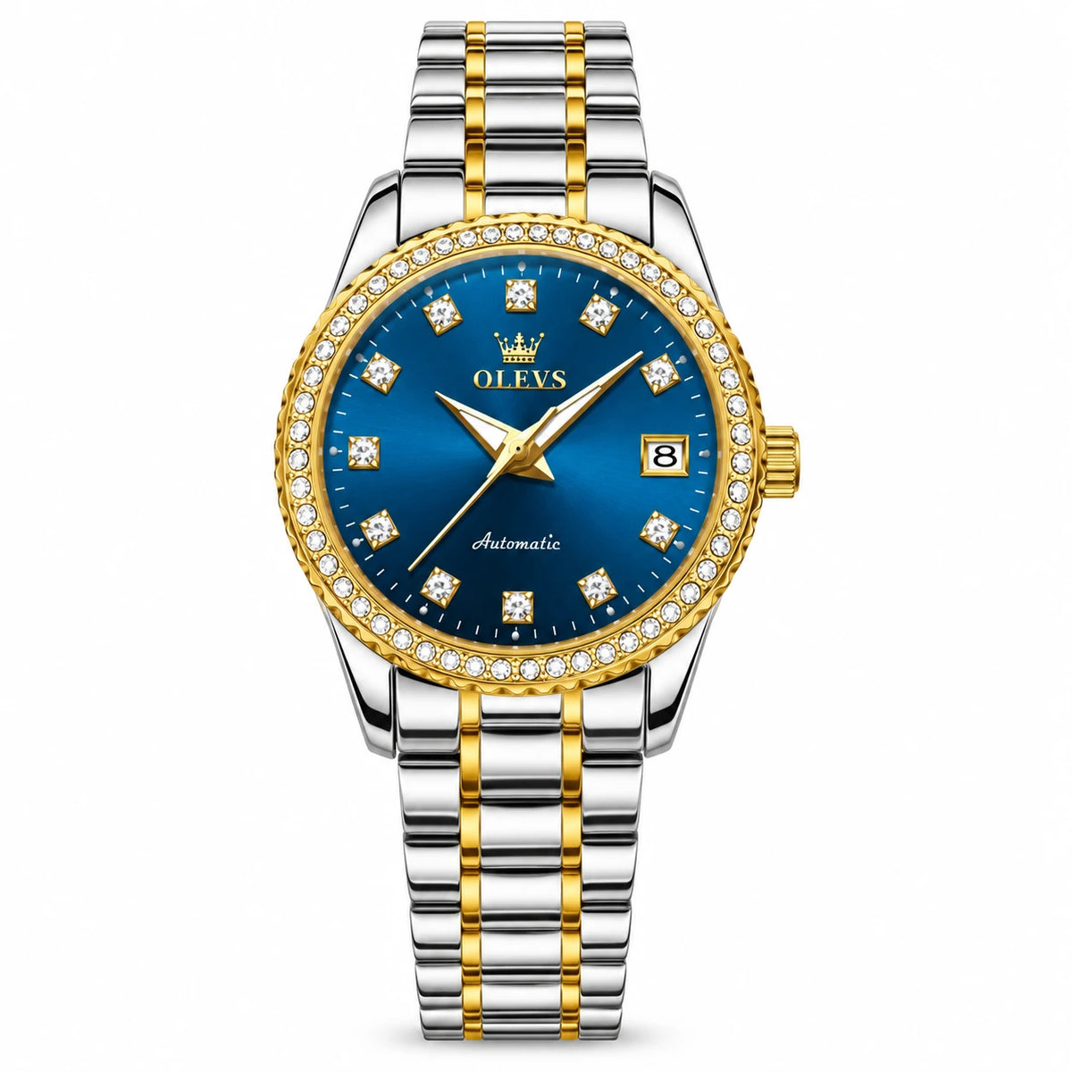 Montre Femme Automatique Bicolore Lunette Ornée - Cadran bleu