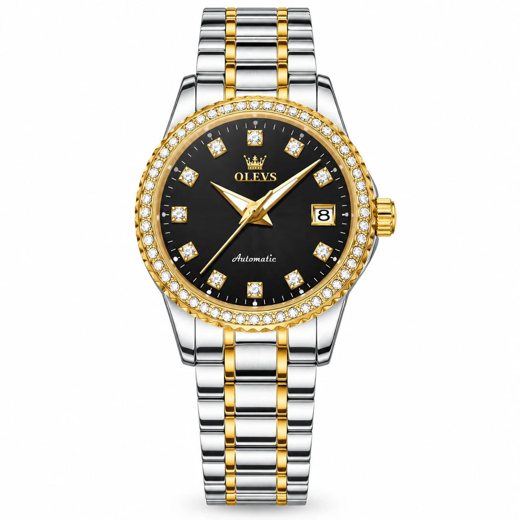Montre Femme Automatique Bicolore Lunette Ornée - Cadran noir