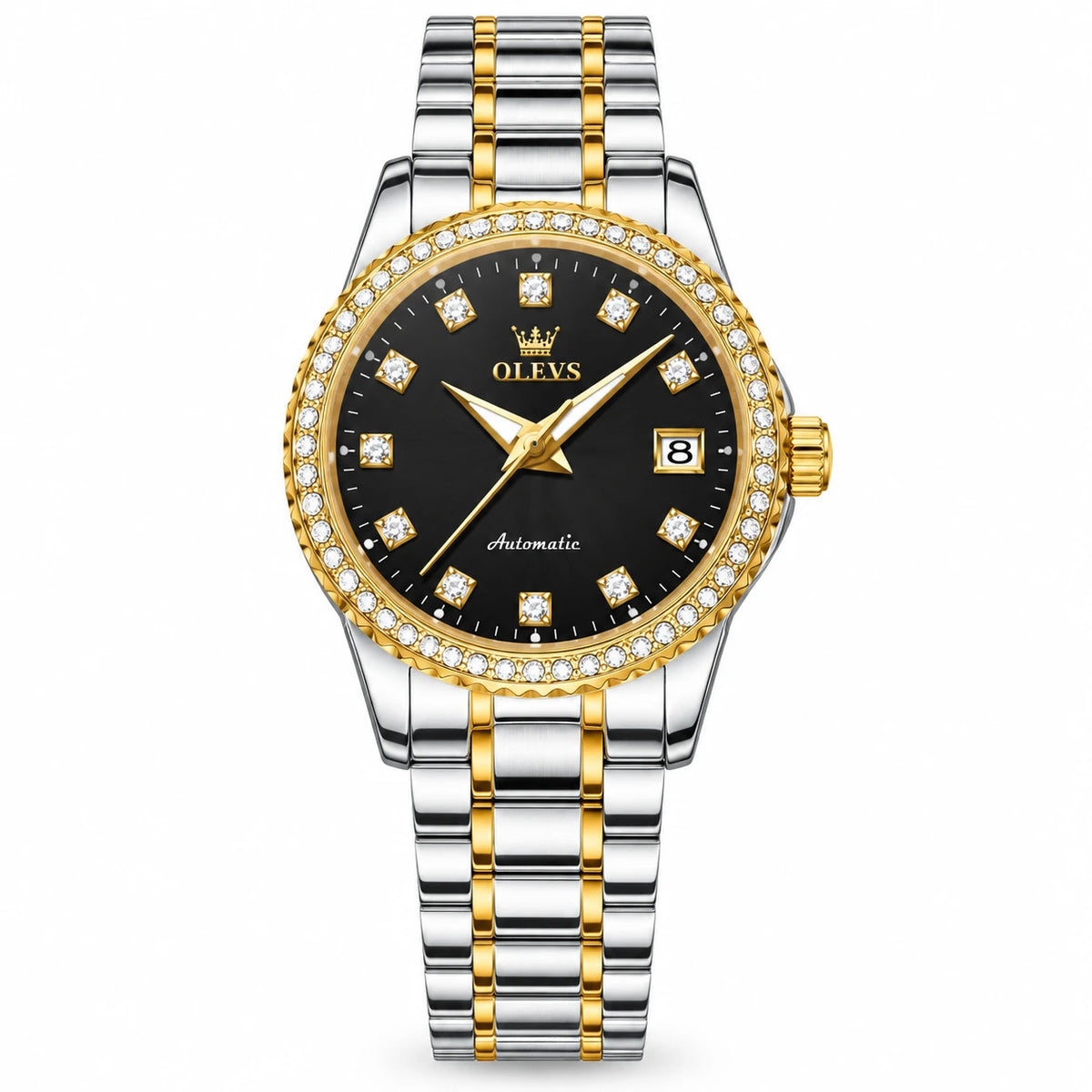Montre Femme Automatique Bicolore Lunette Ornée - Cadran noir