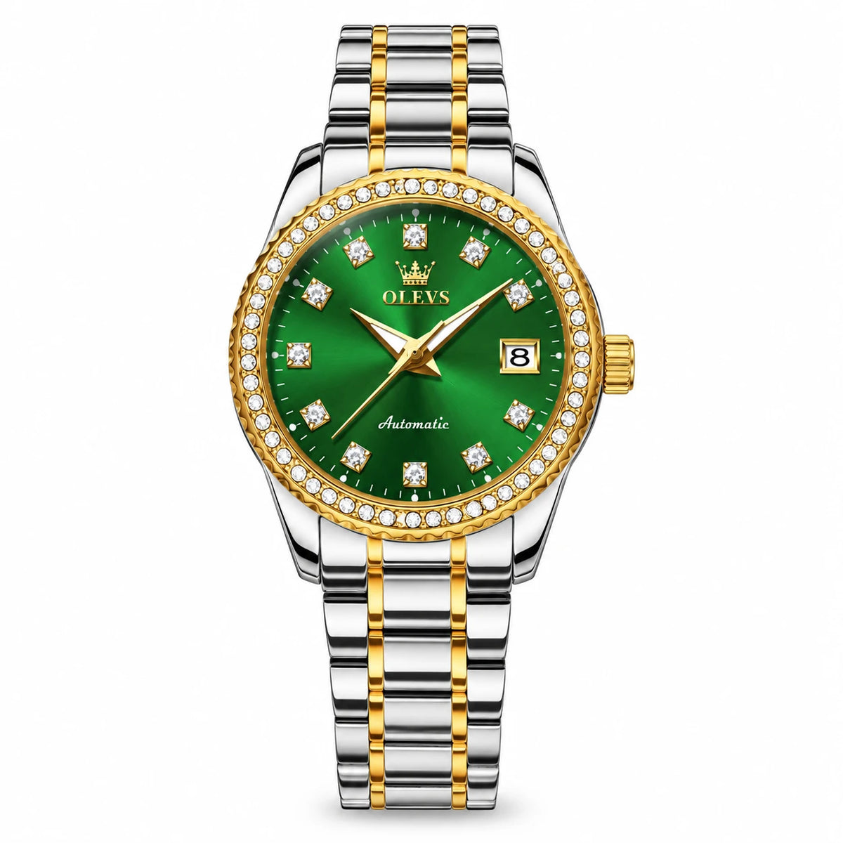 Montre Femme Automatique Bicolore Lunette Ornée - Cadran vert