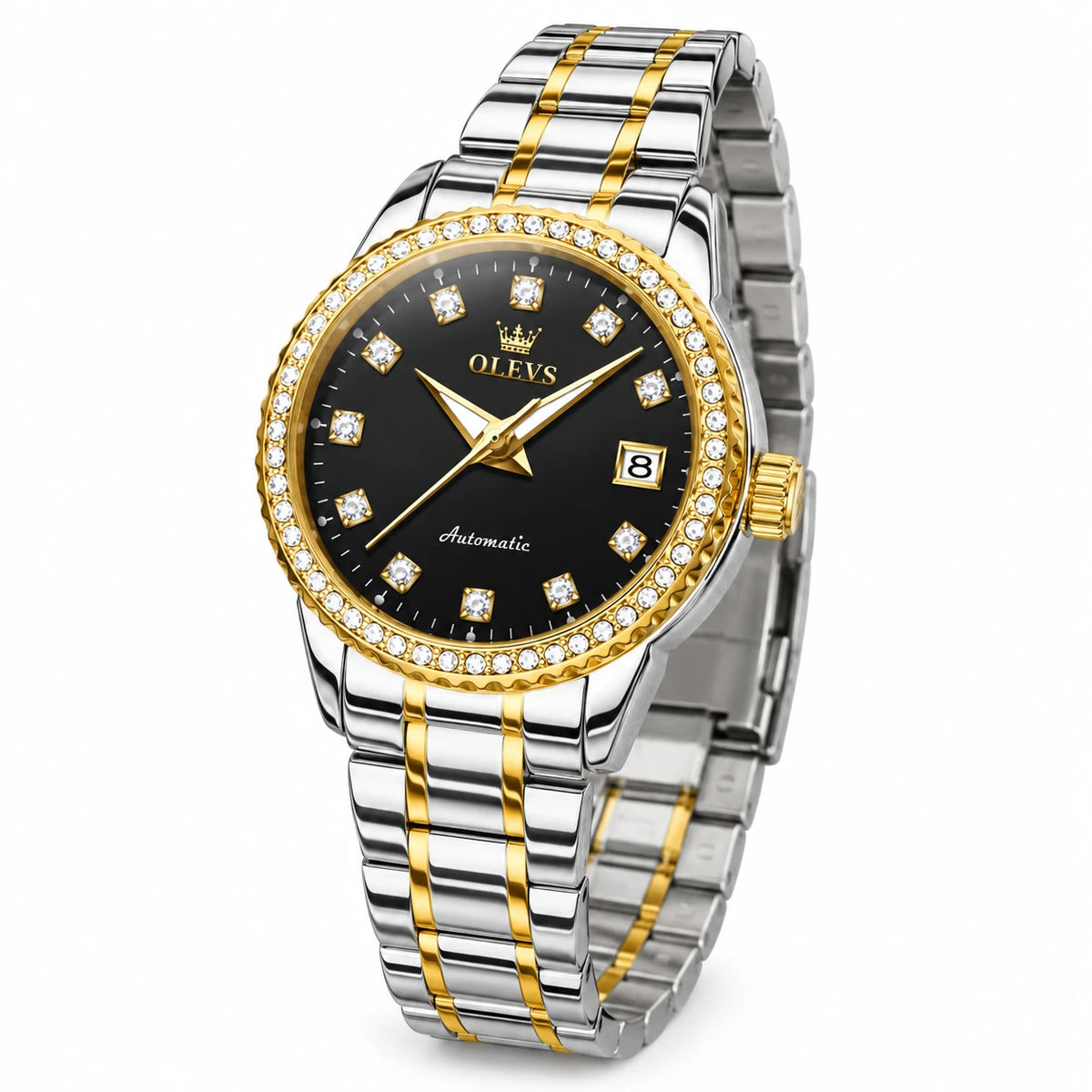 Montre Femme Automatique Bicolore Lunette Ornée - Fond blanc, autre angle