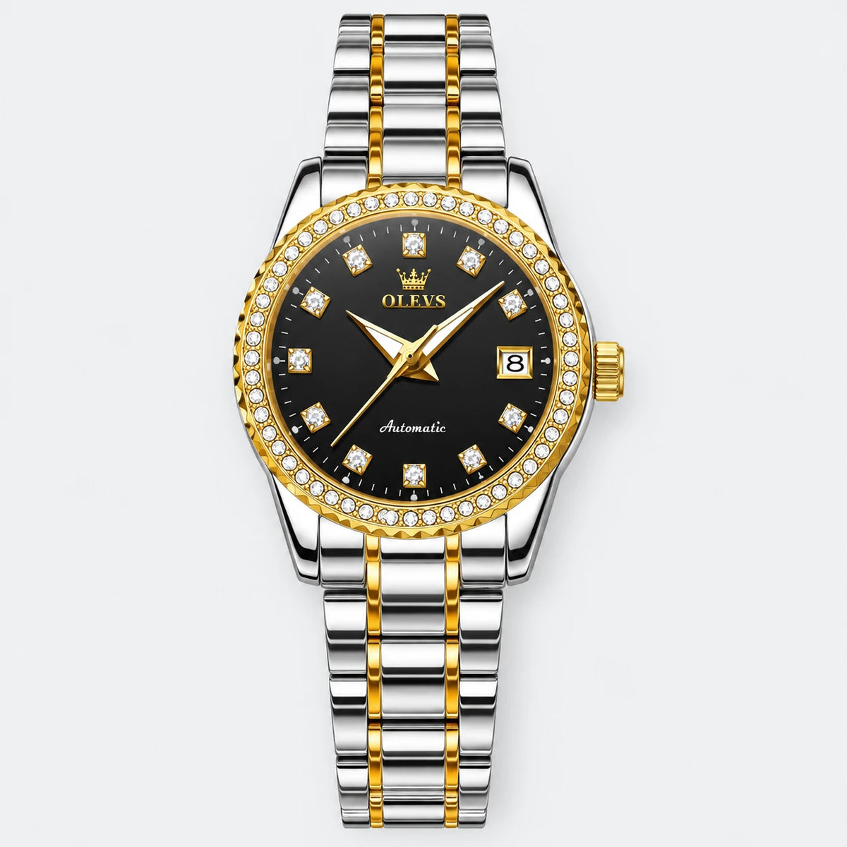 Montre Femme Automatique Bicolore Lunette Ornée - Fond gris clair