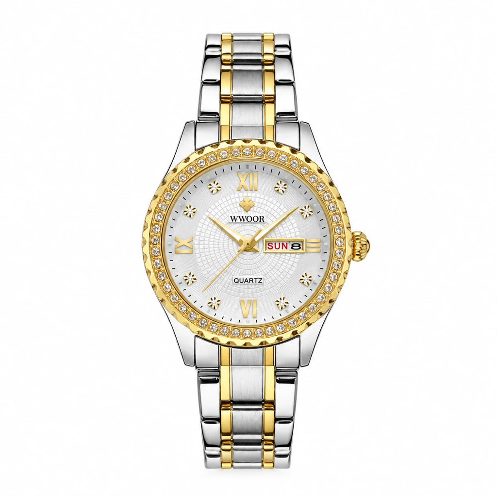 Montre Femme Bicolore à Cadran Jour Date et Lunette Sertie - Bicolore blanc