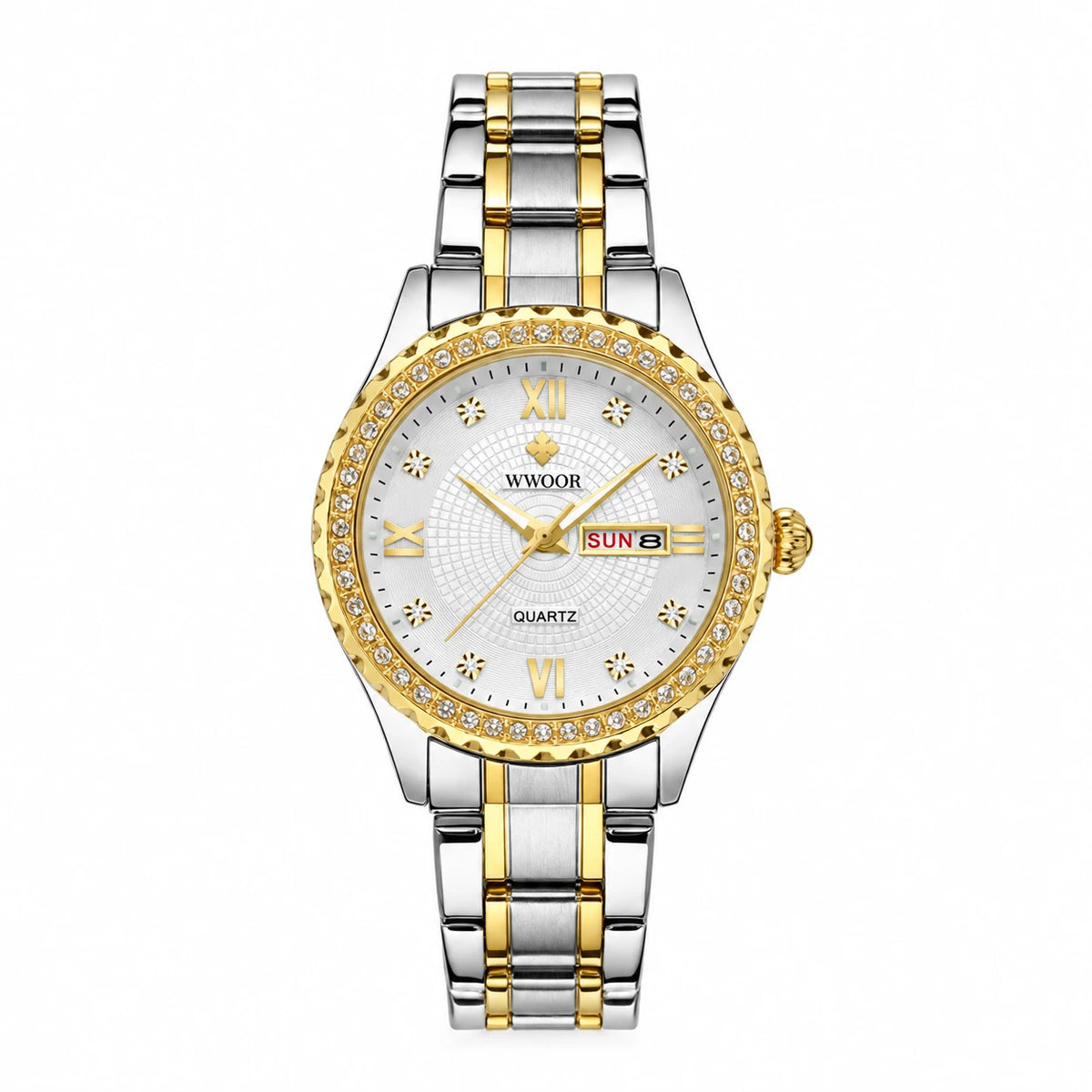 Montre Femme Bicolore à Cadran Jour Date et Lunette Sertie - Bicolore blanc