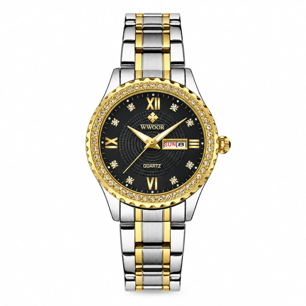 Montre Femme Bicolore à Cadran Jour Date et Lunette Sertie - Bicolore noir