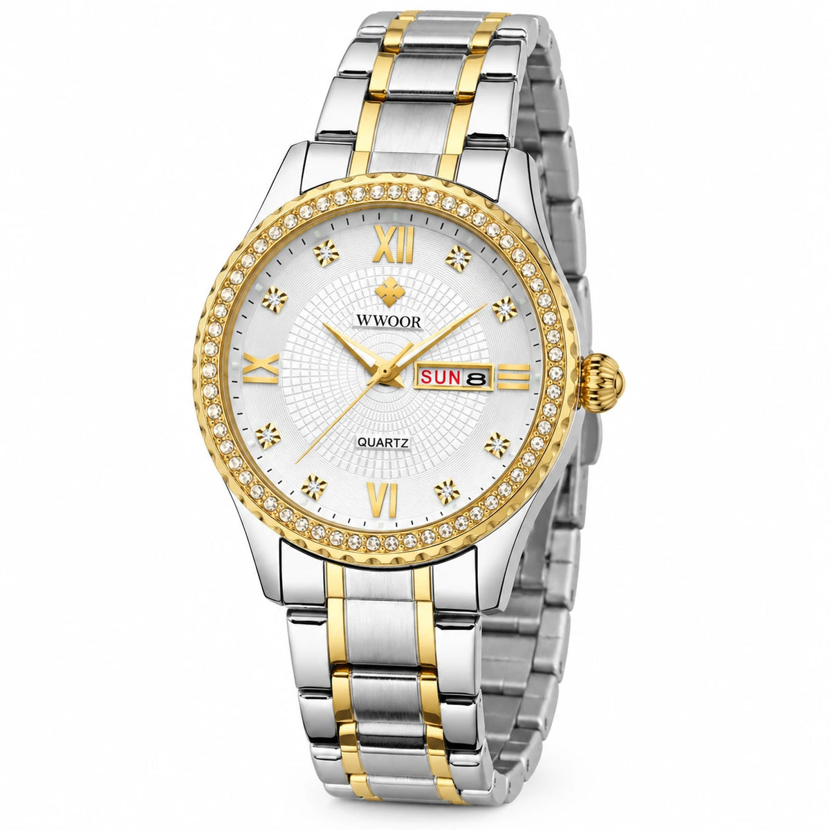Montre Femme Bicolore à Cadran Jour Date et Lunette Sertie - Fond blanc, autre angle