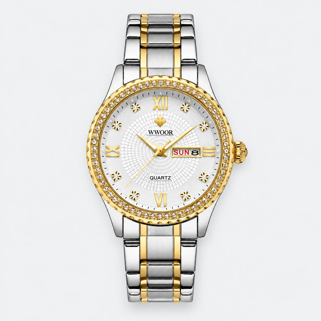 Montre Femme Bicolore à Cadran Jour Date et Lunette Sertie - Fond gris clair