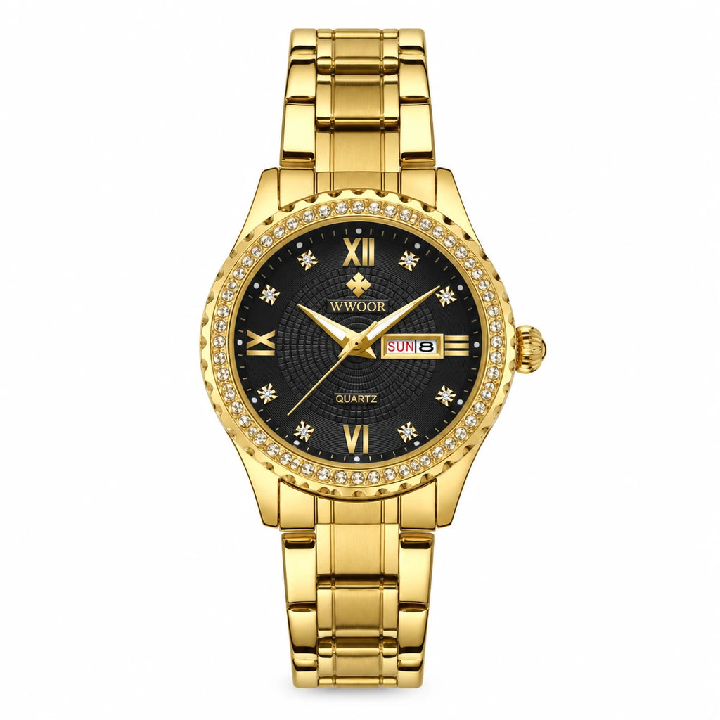 Montre Femme Bicolore à Cadran Jour Date et Lunette Sertie - Or et noir