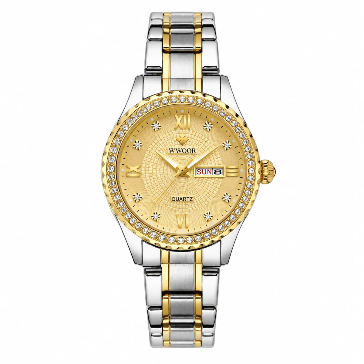 Montre Femme Bicolore à Cadran Jour Date et Lunette Sertie - Or