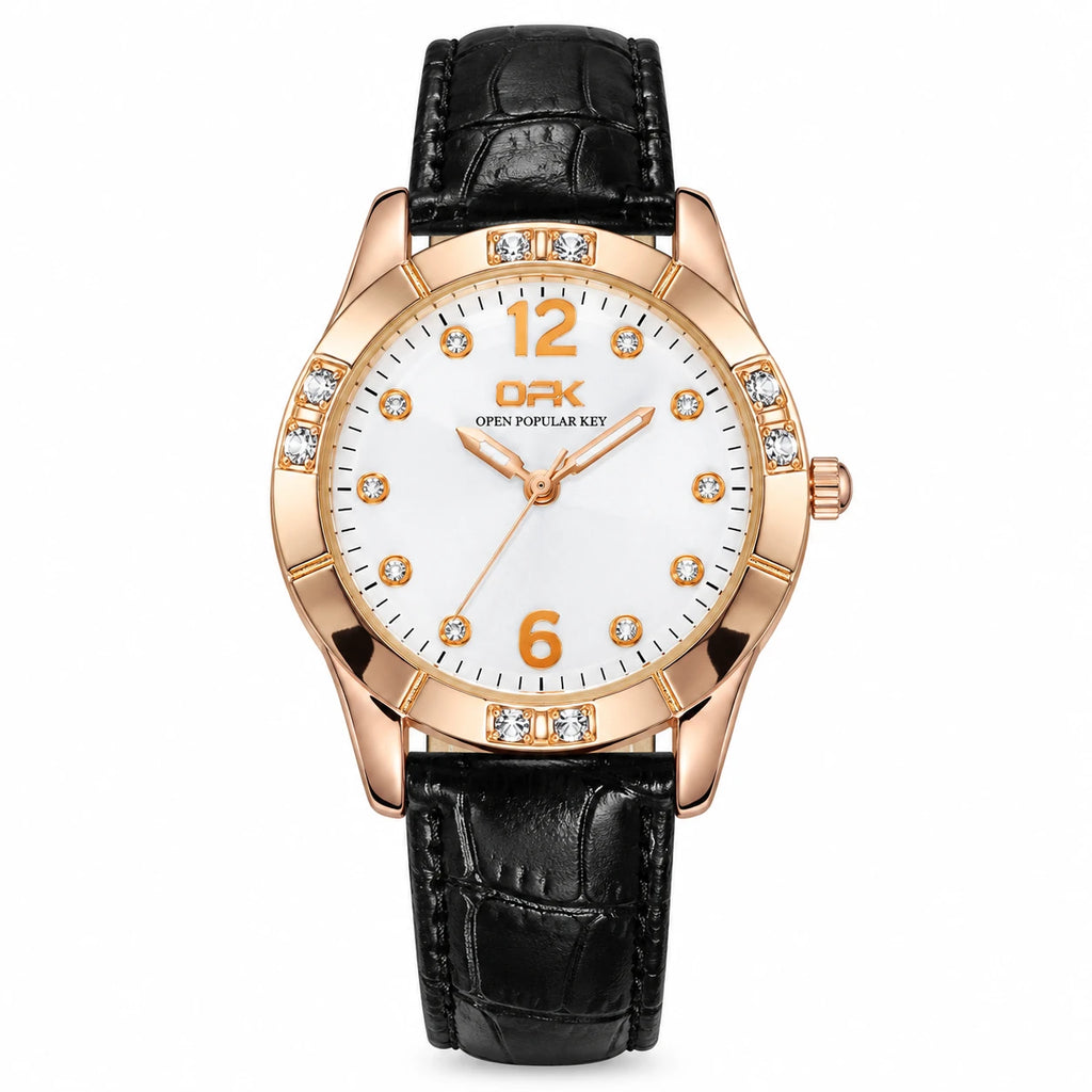 Montre Femme Bracelet Cuir à Cadran Orné et Lunette Sertie - black
