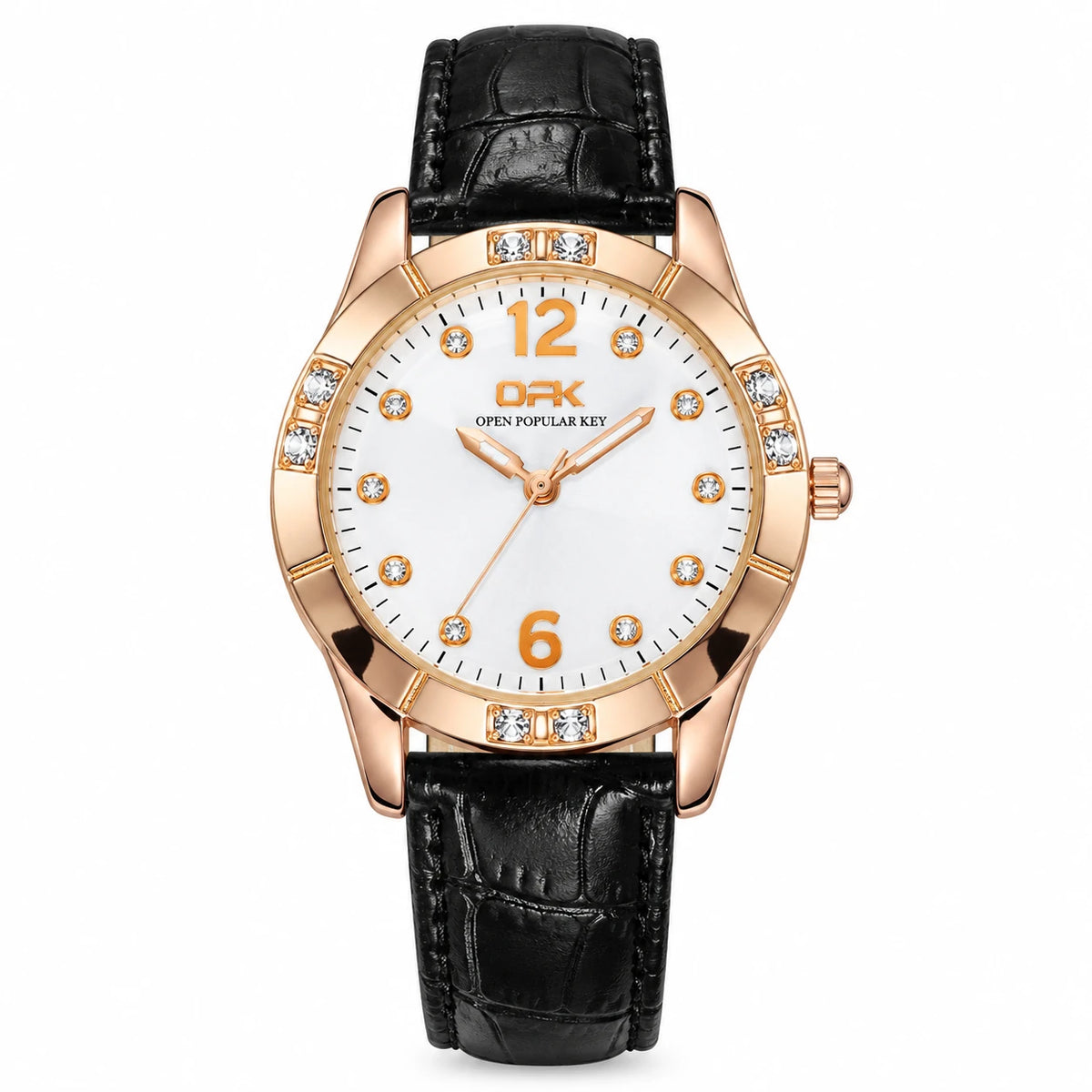 Montre Femme Bracelet Cuir à Cadran Orné et Lunette Sertie - black