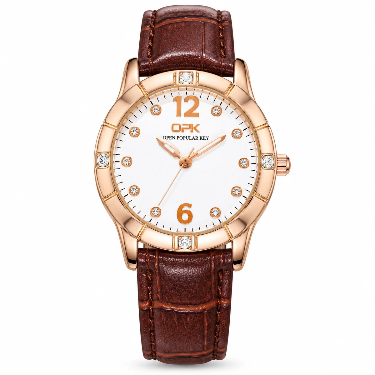 Montre Femme Bracelet Cuir à Cadran Orné et Lunette Sertie - Brown