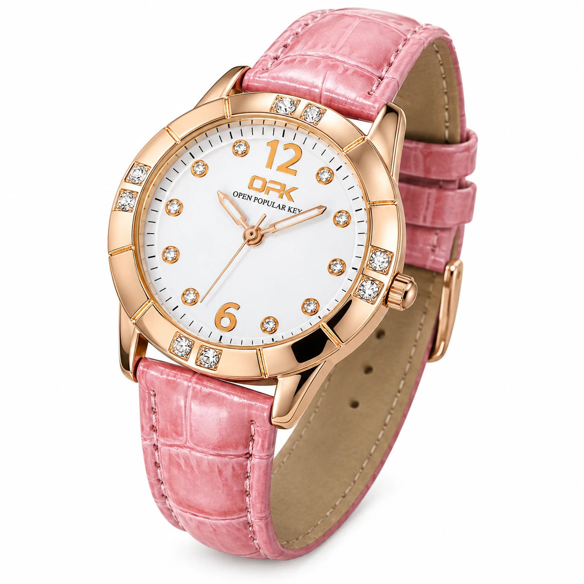 Montre Femme Bracelet Cuir à Cadran Orné et Lunette Sertie - Fond blanc, autre angle
