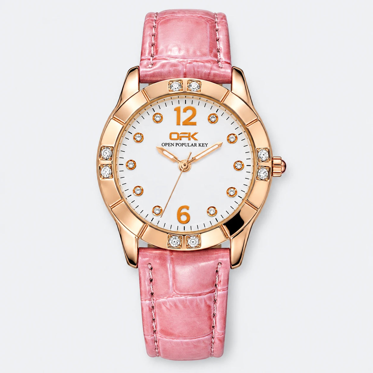 Montre Femme Bracelet Cuir à Cadran Orné et Lunette Sertie - Fond gris clair