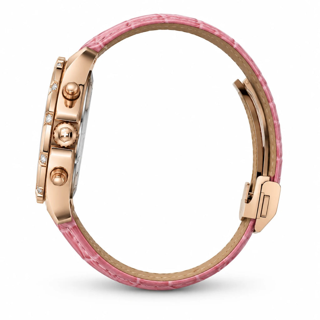 Montre Femme Bracelet Cuir à Cadran Orné et Lunette Sertie - Photo côté