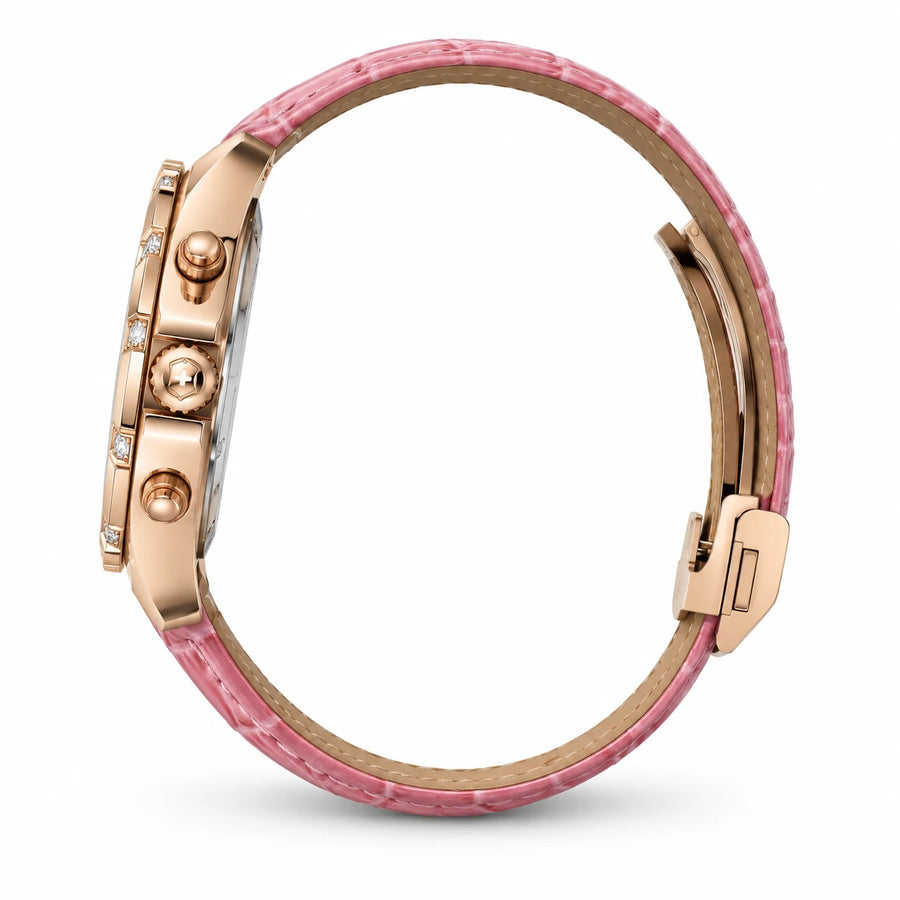 Montre Femme Bracelet Cuir à Cadran Orné et Lunette Sertie - Photo côté