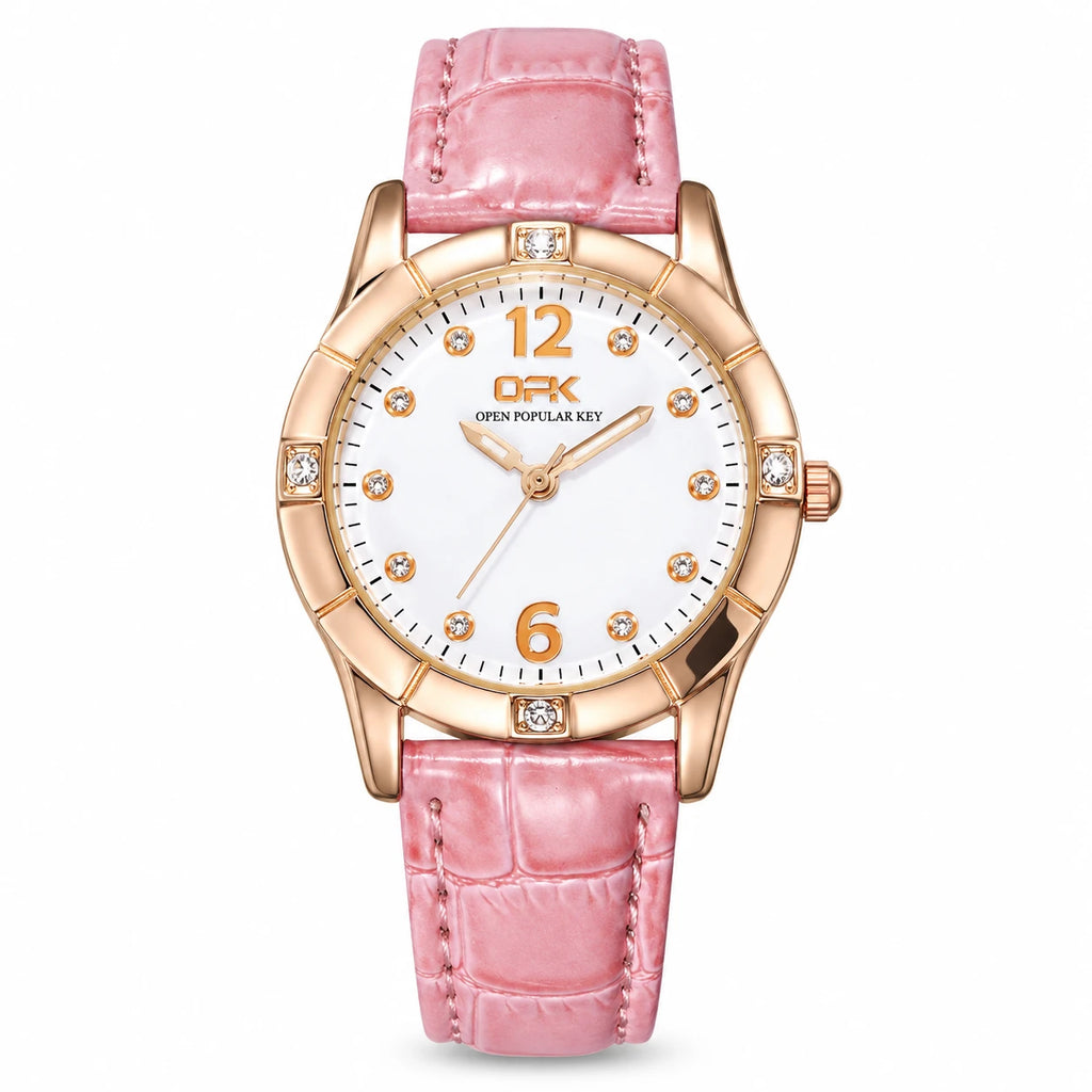 Montre Femme Bracelet Cuir à Cadran Orné et Lunette Sertie - Pink