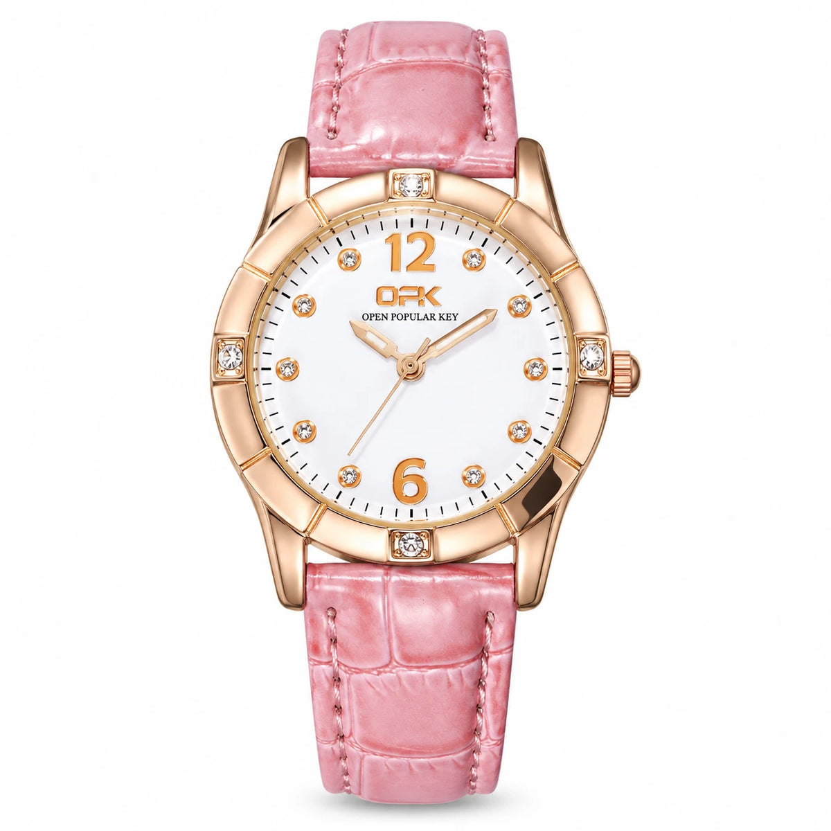 Montre Femme Bracelet Cuir à Cadran Orné et Lunette Sertie - Pink