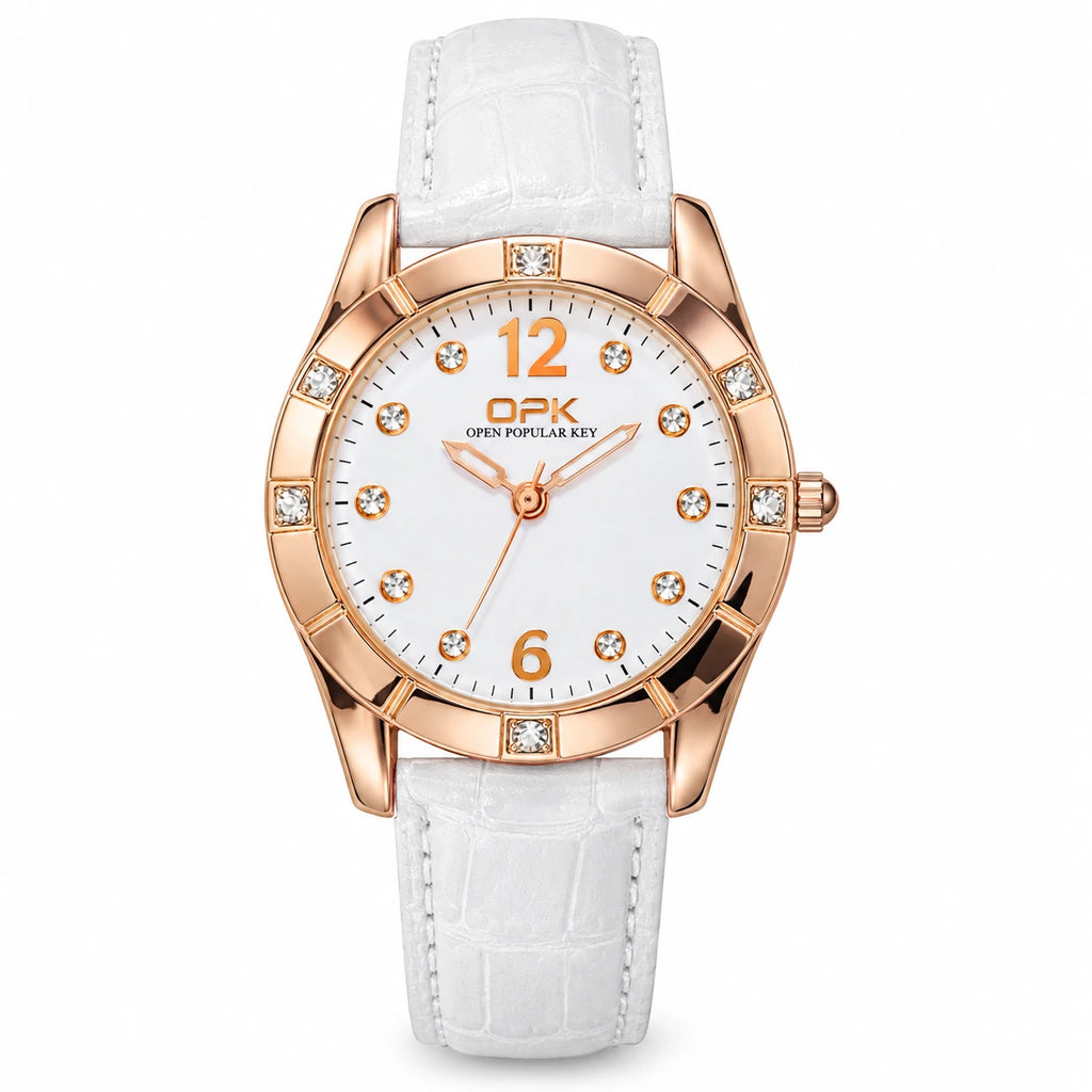 Montre Femme Bracelet Cuir à Cadran Orné et Lunette Sertie - WHITE