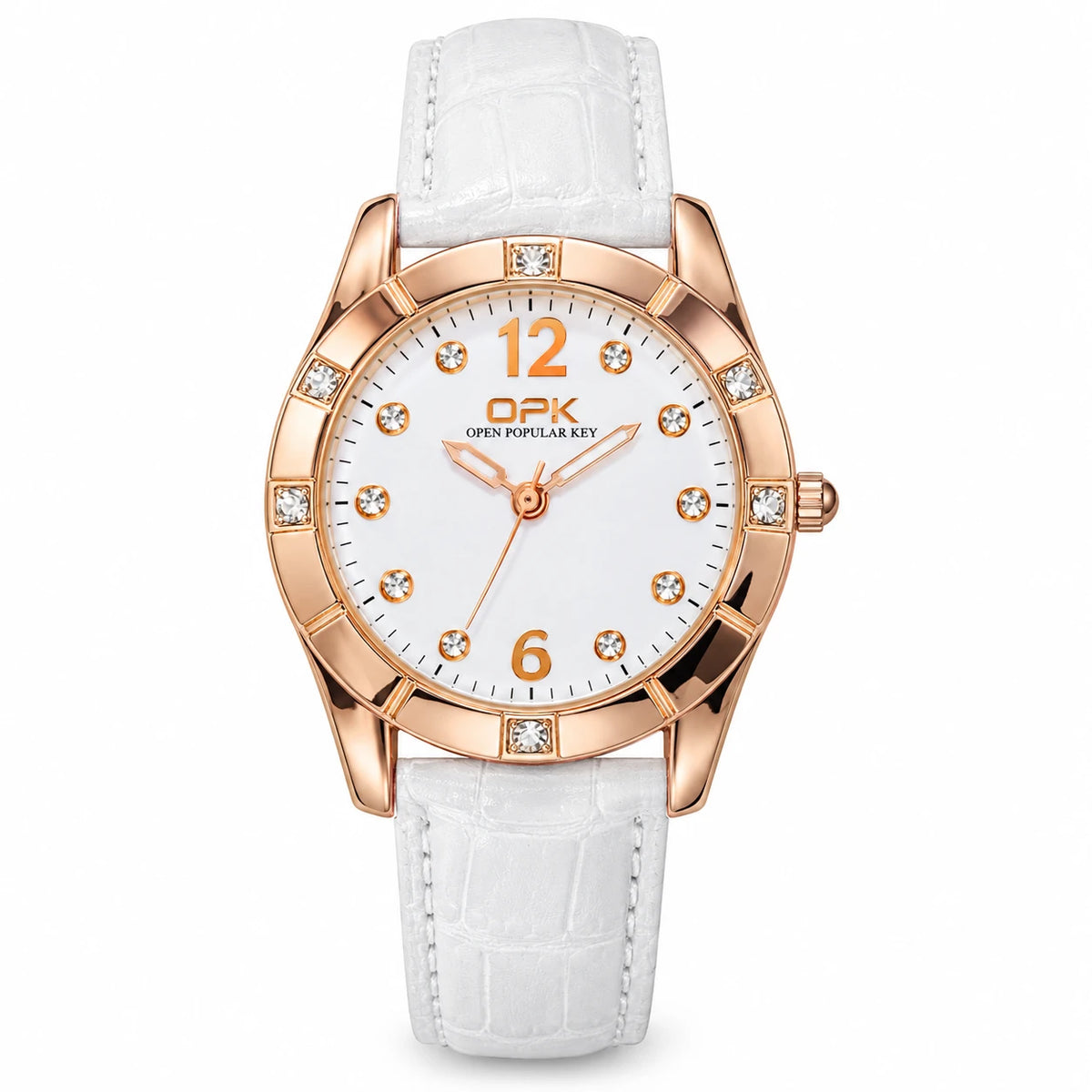 Montre Femme Bracelet Cuir à Cadran Orné et Lunette Sertie - WHITE