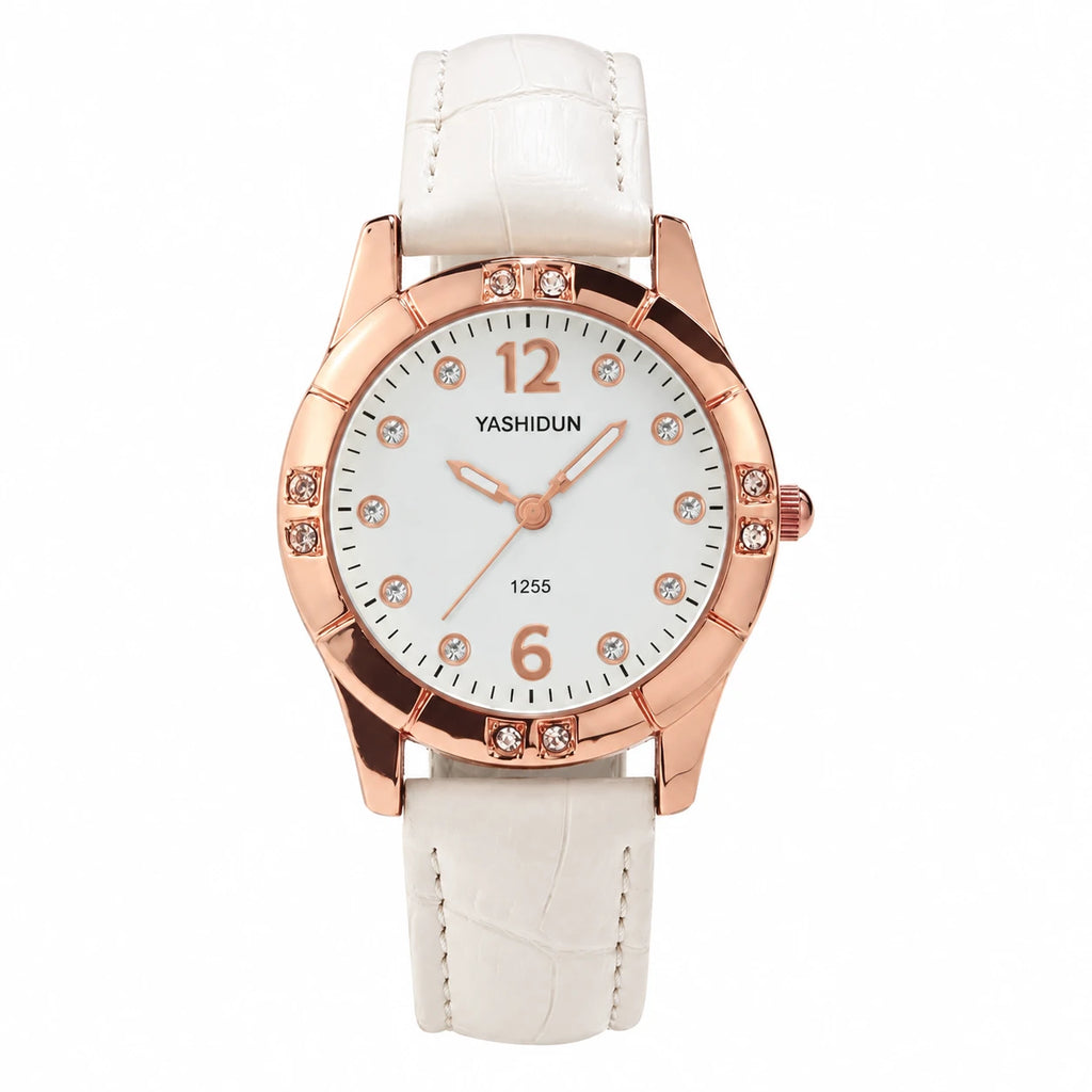 Montre Femme Bracelet Cuir Rose et Cadran Orné de Strass - Blanc