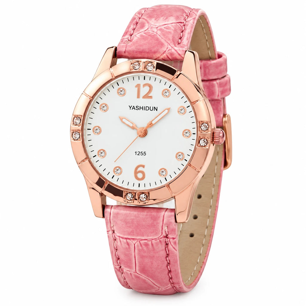 Montre Femme Bracelet Cuir Rose et Cadran Orné de Strass - Fond blanc, autre angle